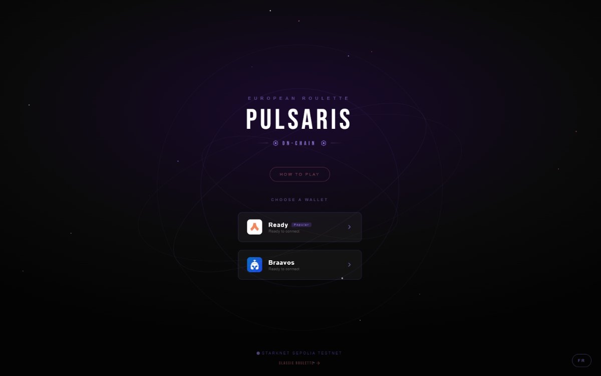 IPage d'accueil de Pulsaris | Roulette blockchain sur Starknet (testnet)